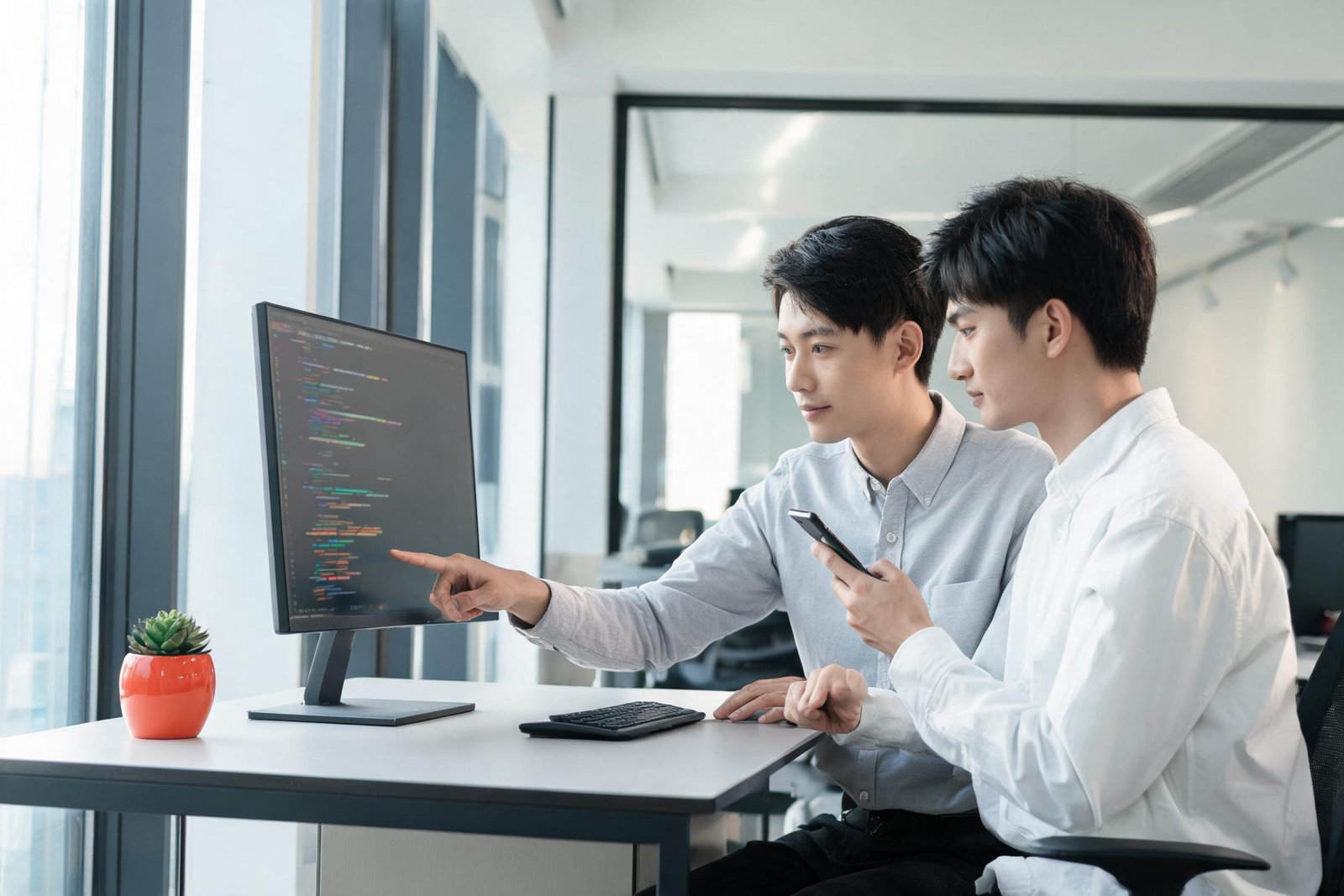 Two developers pairing at a desk, reviewing code on a monitor while holding a smartphone