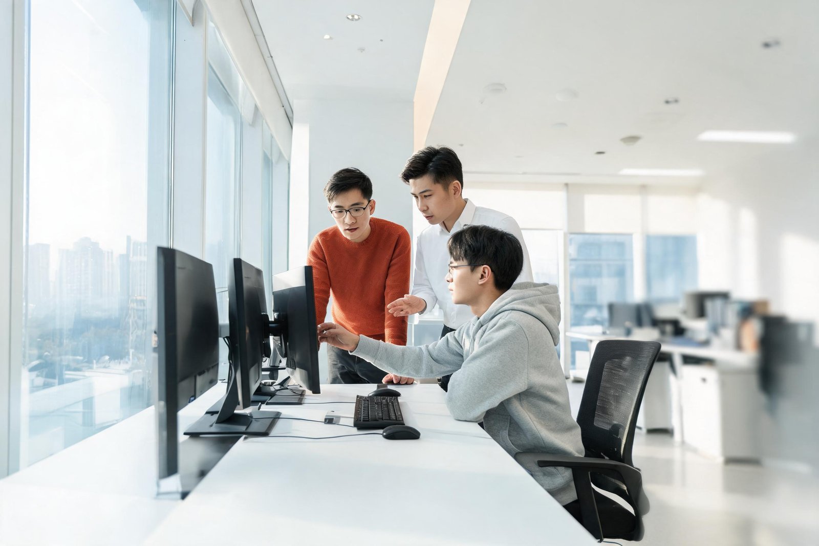 Engineers collaborating around large monitors in a bright, modern IT operations office