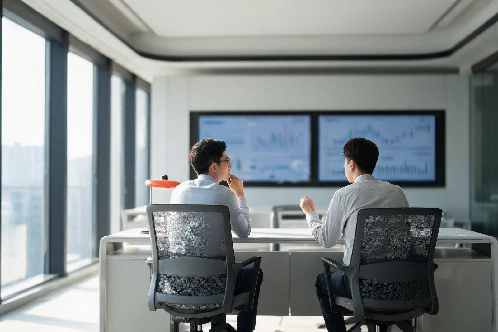 Two security analysts reviewing dashboards on wall-mounted screens in a bright operations room
